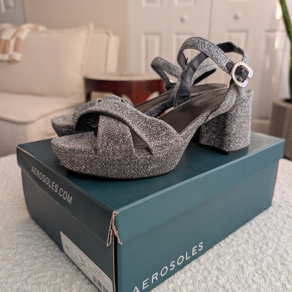 Aerosoles Cosmos "Flatform" Platform Heels Metallic Silver Block Heel Sandals - Picture 1 of 12